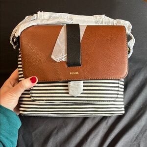 Fossil Tan and Black and White Striped Crossbody Bag